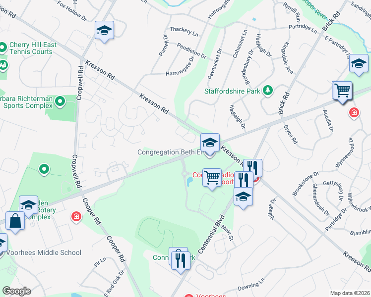 map of restaurants, bars, coffee shops, grocery stores, and more near 1501 Chestnut Circle in Cherry Hill