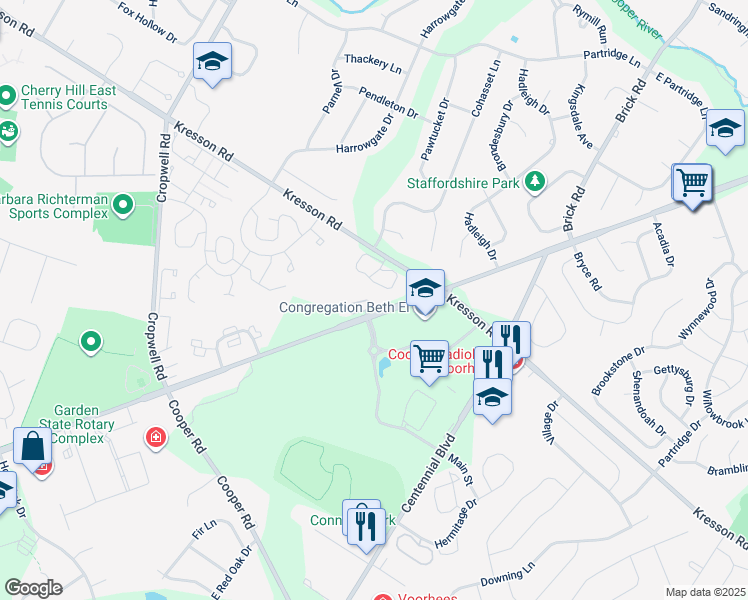 map of restaurants, bars, coffee shops, grocery stores, and more near 1501 Chestnut Circle in Cherry Hill