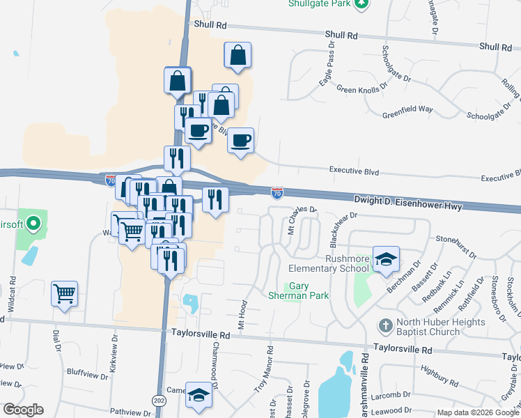 map of restaurants, bars, coffee shops, grocery stores, and more near 8211 Mount Mc Kinley in Dayton