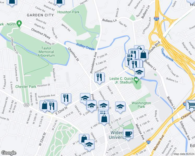 map of restaurants, bars, coffee shops, grocery stores, and more near 510 East 23rd Street in Chester