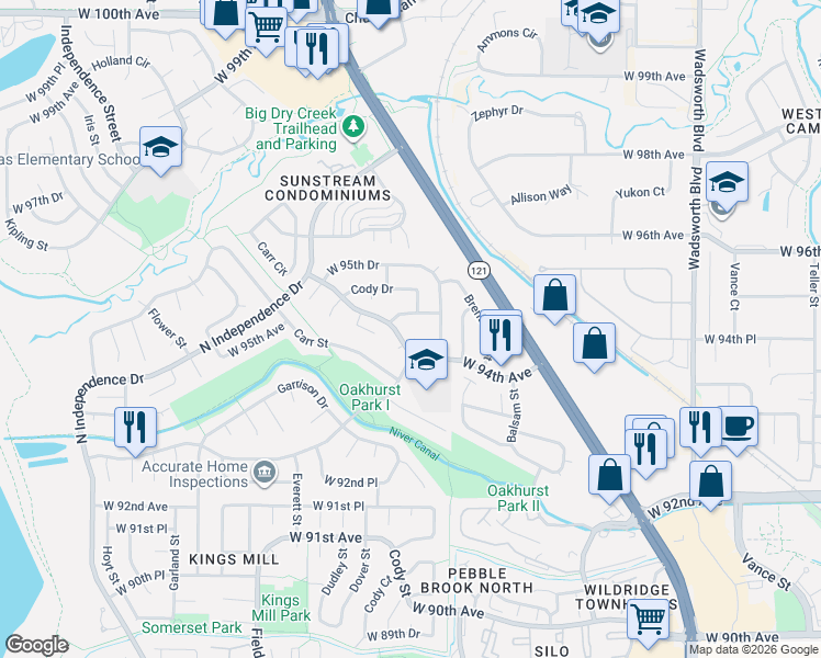 map of restaurants, bars, coffee shops, grocery stores, and more near 8563 West 94th Avenue in Westminster