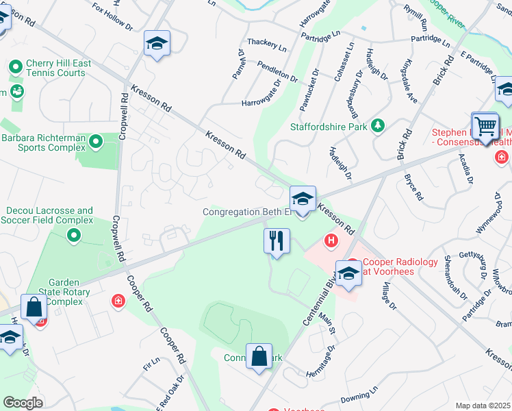 map of restaurants, bars, coffee shops, grocery stores, and more near 1501 Chestnut Circle in Cherry Hill