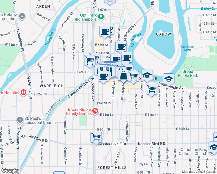 map of restaurants, bars, coffee shops, grocery stores, and more near 6194 Guilford Avenue in Indianapolis