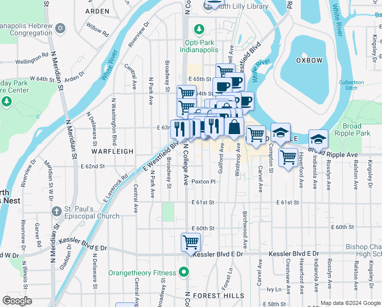 map of restaurants, bars, coffee shops, grocery stores, and more near 6220 Carrollton Avenue in Indianapolis