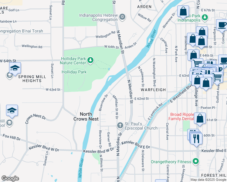map of restaurants, bars, coffee shops, grocery stores, and more near 6212 Meridian Street West Drive in Indianapolis