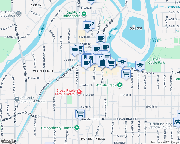 map of restaurants, bars, coffee shops, grocery stores, and more near 6194 Guilford Avenue in Indianapolis