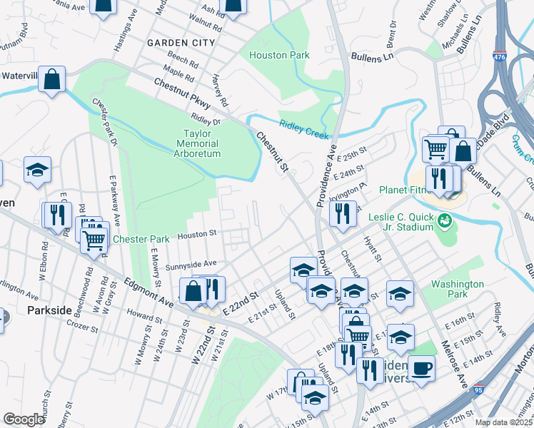 map of restaurants, bars, coffee shops, grocery stores, and more near 306 Houston Street in Chester
