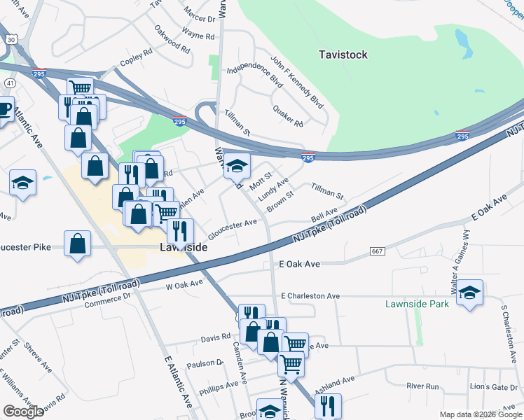 map of restaurants, bars, coffee shops, grocery stores, and more near 1 Brown Street in Lawnside