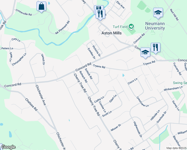 map of restaurants, bars, coffee shops, grocery stores, and more near 3 Snyder Lane in Aston