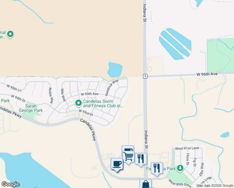 map of restaurants, bars, coffee shops, grocery stores, and more near 9516 Juniper Way in Arvada