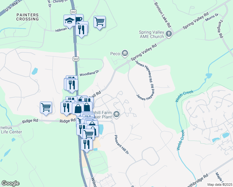 map of restaurants, bars, coffee shops, grocery stores, and more near 2301 Windfield Court in Glen Mills