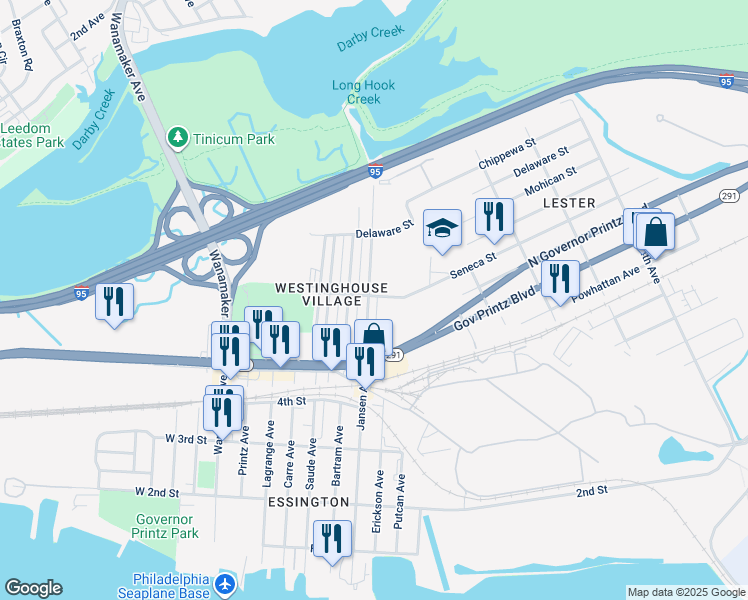 map of restaurants, bars, coffee shops, grocery stores, and more near 574 Jansen Avenue in Delaware County