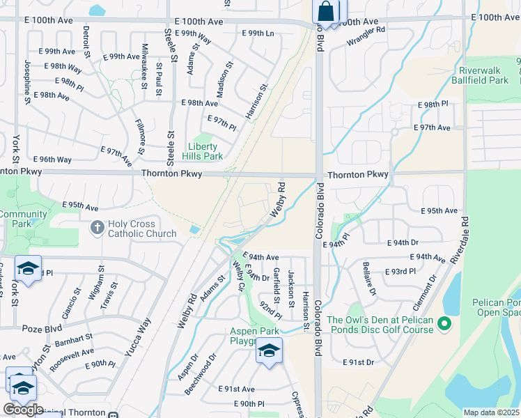 map of restaurants, bars, coffee shops, grocery stores, and more near 9451 Welby Road in Thornton