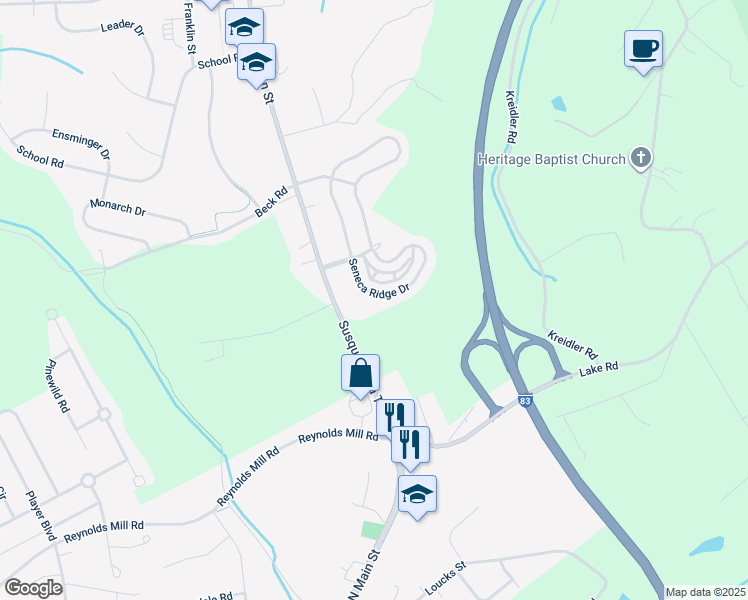 map of restaurants, bars, coffee shops, grocery stores, and more near 6992 Seneca Ridge Drive in York