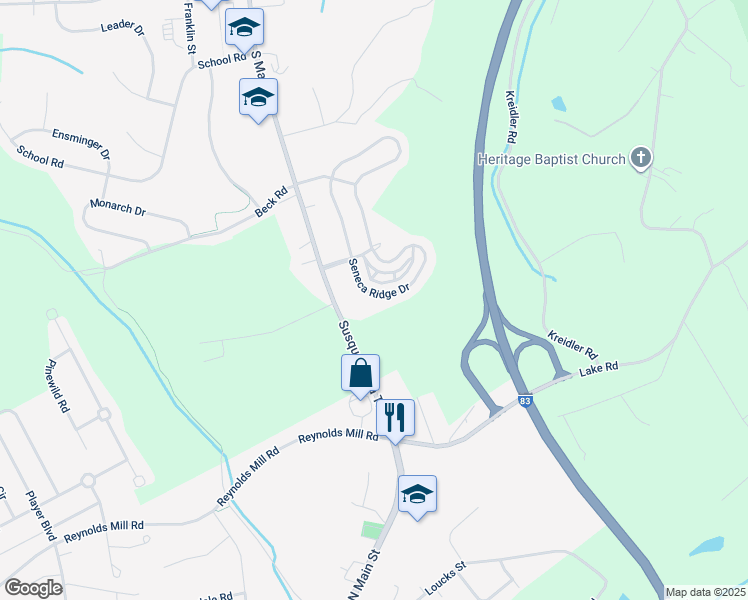 map of restaurants, bars, coffee shops, grocery stores, and more near 6992 Seneca Ridge Drive in York