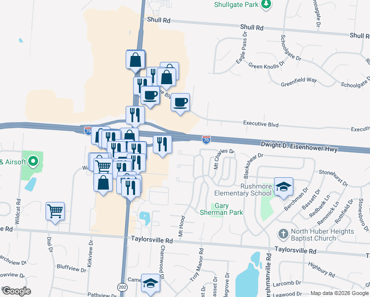 map of restaurants, bars, coffee shops, grocery stores, and more near 8221 Mount Carmel Street in Huber Heights
