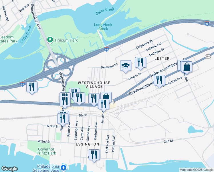 map of restaurants, bars, coffee shops, grocery stores, and more near 574 Jansen Avenue in Delaware County