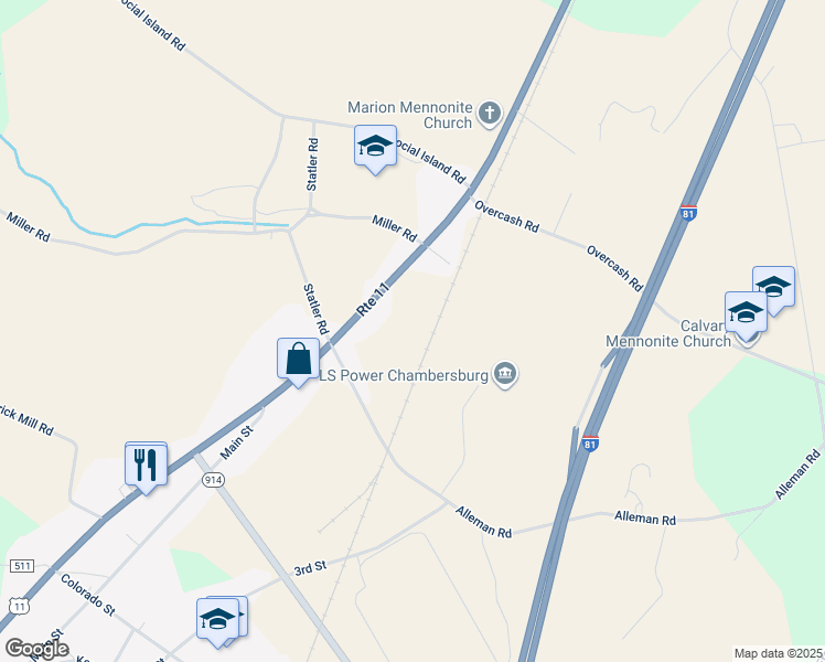 map of restaurants, bars, coffee shops, grocery stores, and more near Molly Pitcher Highway in Chambersburg