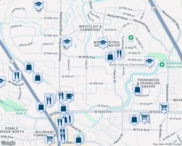 map of restaurants, bars, coffee shops, grocery stores, and more near 9464 Teller Street in Westminster