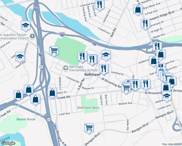 map of restaurants, bars, coffee shops, grocery stores, and more near 307 West Browning Road in Bellmawr