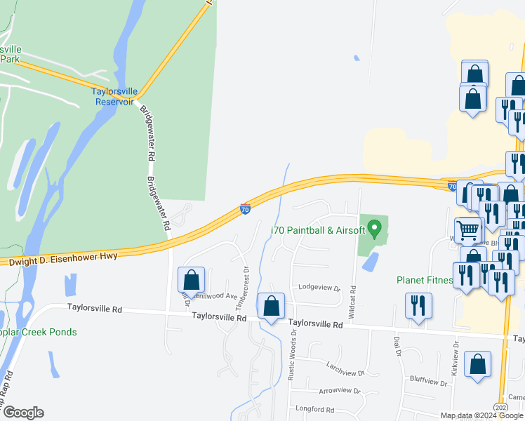 map of restaurants, bars, coffee shops, grocery stores, and more near 7979 Thistlewood Court in Dayton