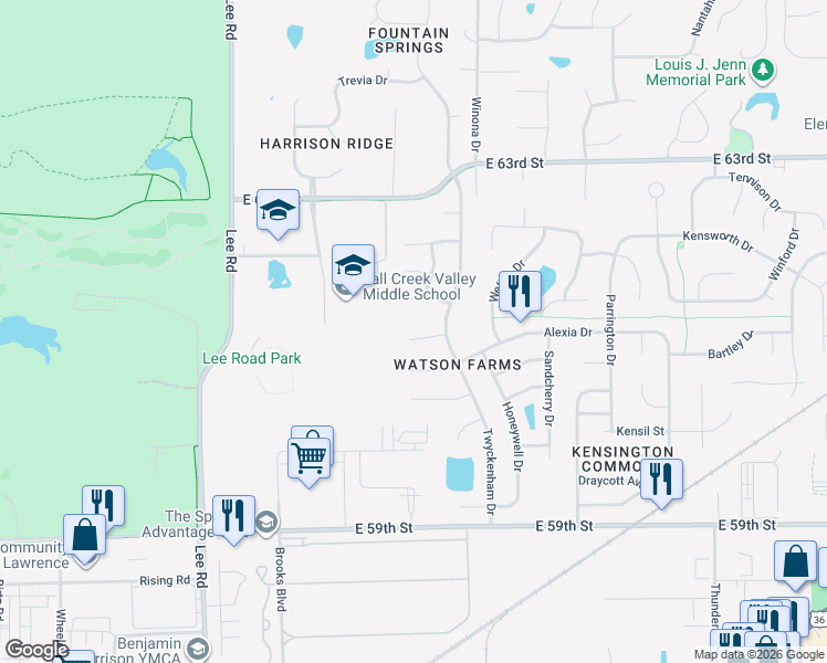 map of restaurants, bars, coffee shops, grocery stores, and more near 9917 South Redmond Court in Indianapolis