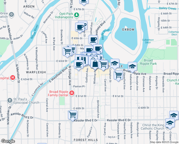 map of restaurants, bars, coffee shops, grocery stores, and more near 920 East 62nd Street in Indianapolis