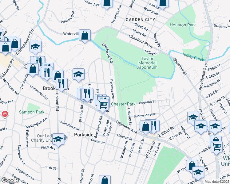 map of restaurants, bars, coffee shops, grocery stores, and more near 167 East Parkway Avenue in Chester