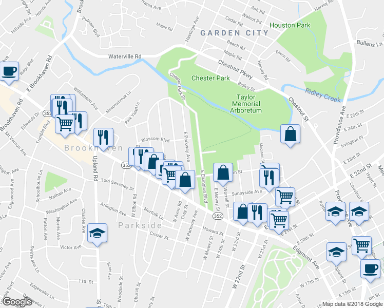 map of restaurants, bars, coffee shops, grocery stores, and more near 167 East Parkway Avenue in Chester