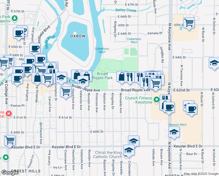 map of restaurants, bars, coffee shops, grocery stores, and more near 1644 Broad Ripple Avenue in Indianapolis