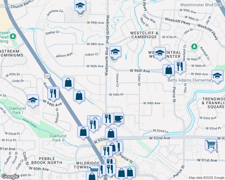 map of restaurants, bars, coffee shops, grocery stores, and more near 9455 Webster Way in Broomfield