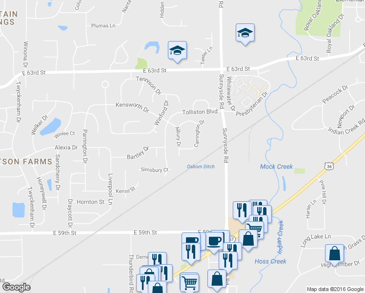 map of restaurants, bars, coffee shops, grocery stores, and more near 6116 Albury Drive in Indianapolis
