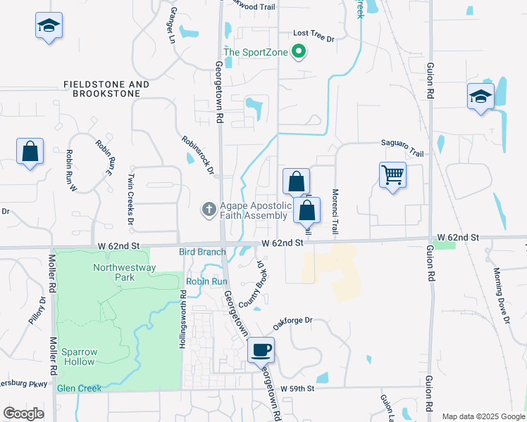 map of restaurants, bars, coffee shops, grocery stores, and more near 6238 Bishops Pond Drive in Indianapolis