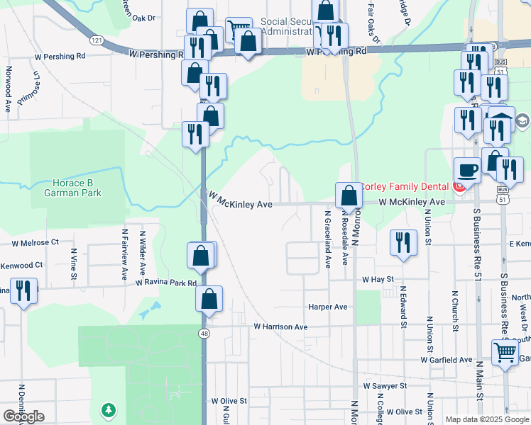 map of restaurants, bars, coffee shops, grocery stores, and more near 875 West McKinley Avenue in Decatur