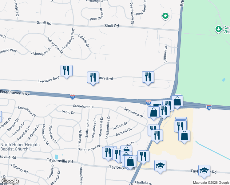 map of restaurants, bars, coffee shops, grocery stores, and more near 7000 Executive Boulevard in Huber Heights