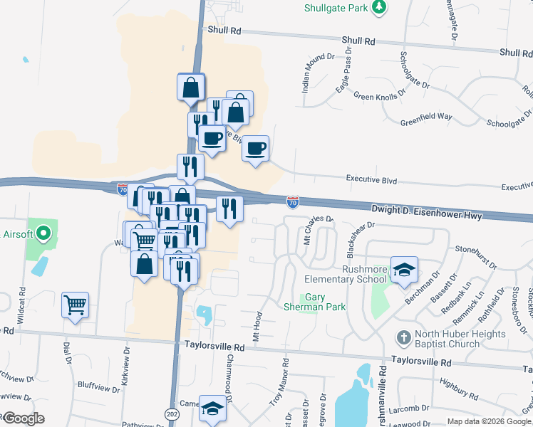 map of restaurants, bars, coffee shops, grocery stores, and more near 8221 Mount Carmel Street in Huber Heights
