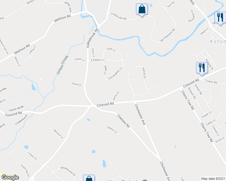 map of restaurants, bars, coffee shops, grocery stores, and more near 1021 Davids Drive in Aston