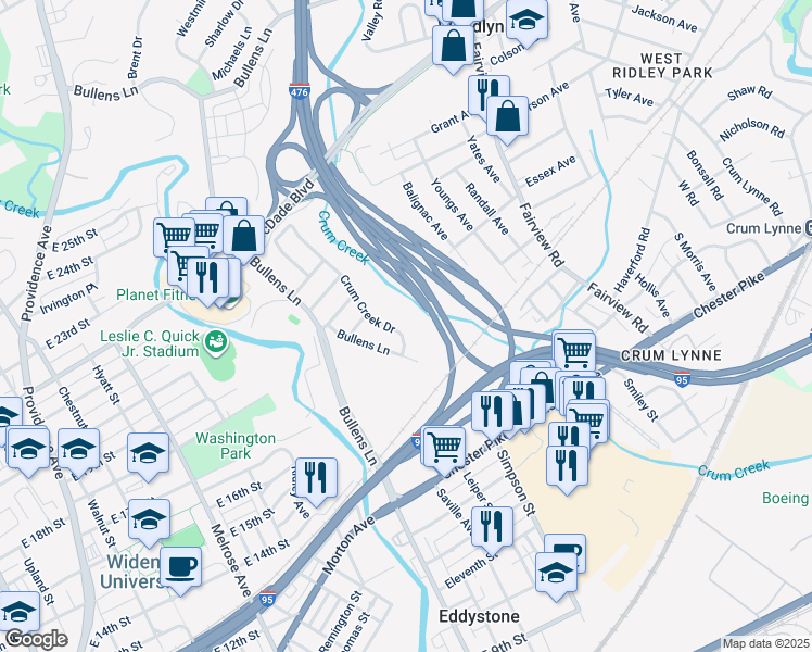 map of restaurants, bars, coffee shops, grocery stores, and more near 128 Crum Creek Drive in Woodlyn