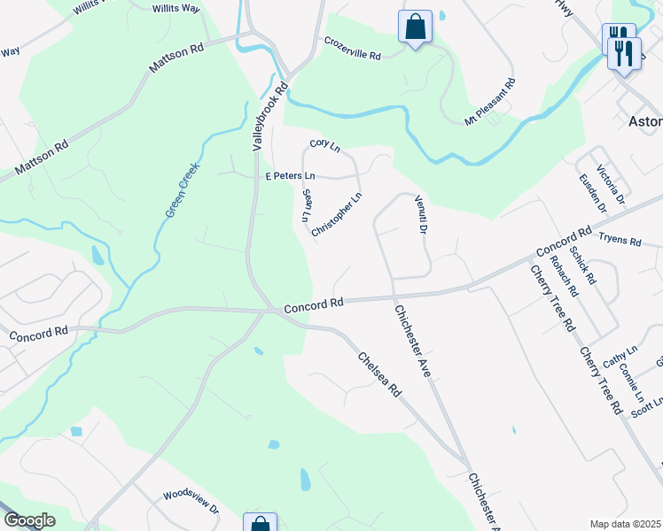 map of restaurants, bars, coffee shops, grocery stores, and more near 1021 Davids Drive in Aston