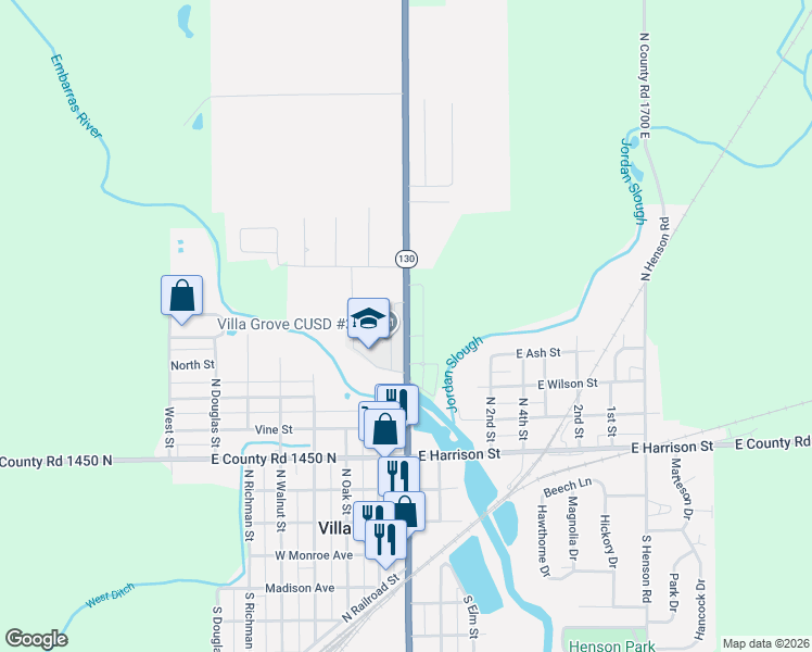 map of restaurants, bars, coffee shops, grocery stores, and more near 400 North Sycamore Street in Villa Grove