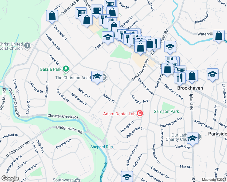 map of restaurants, bars, coffee shops, grocery stores, and more near 313 Melvin Drive in Brookhaven