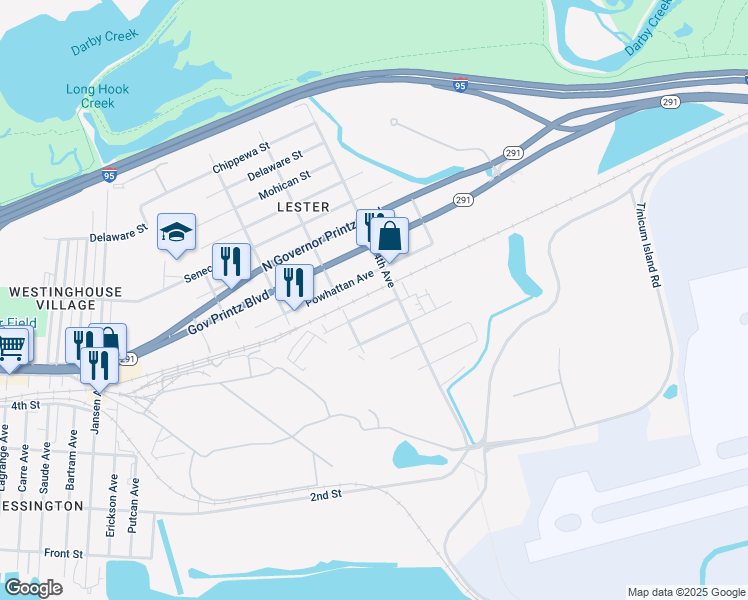 map of restaurants, bars, coffee shops, grocery stores, and more near 327 Massasoit Street in Delaware County