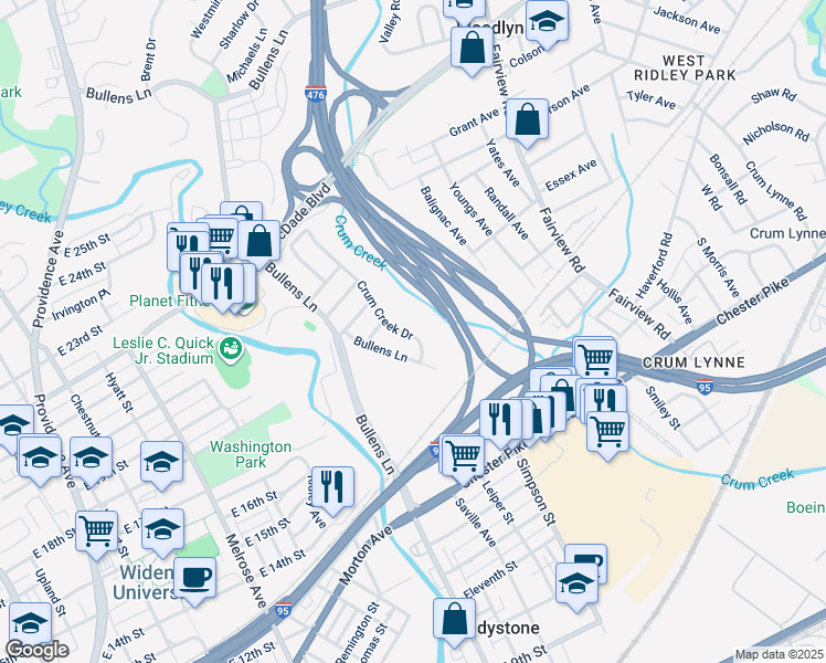 map of restaurants, bars, coffee shops, grocery stores, and more near 128 Crum Creek Drive in Woodlyn