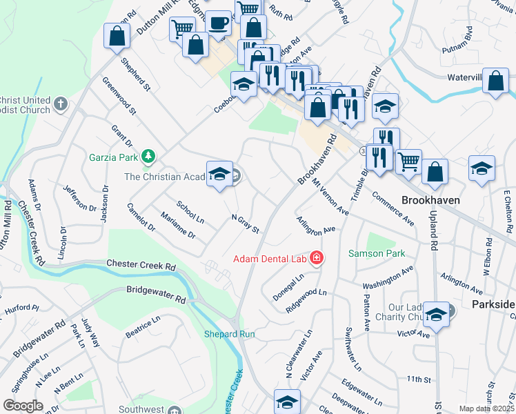 map of restaurants, bars, coffee shops, grocery stores, and more near 313 Melvin Drive in Brookhaven