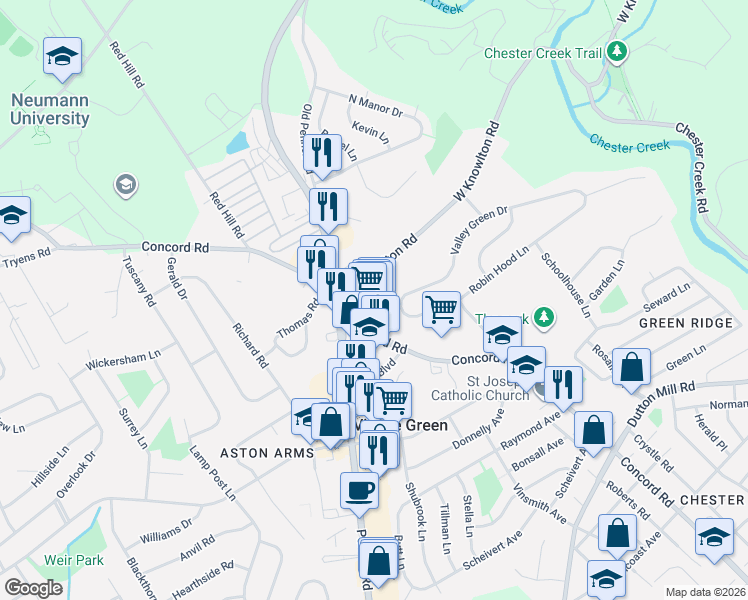 map of restaurants, bars, coffee shops, grocery stores, and more near 3500 Concord Road in Aston