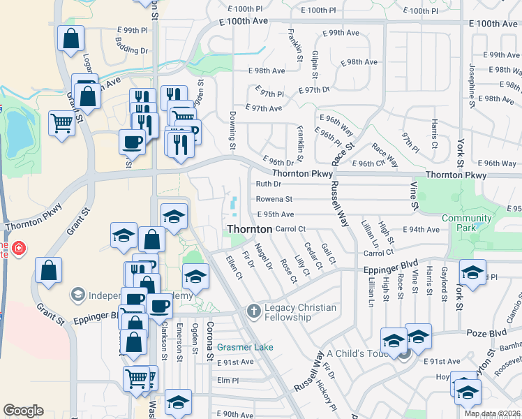 map of restaurants, bars, coffee shops, grocery stores, and more near in Thornton