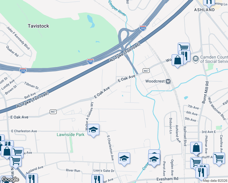 map of restaurants, bars, coffee shops, grocery stores, and more near 424 Lewis Avenue in Cherry Hill