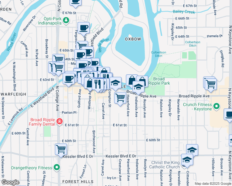 map of restaurants, bars, coffee shops, grocery stores, and more near 1115 Broad Ripple Avenue in Indianapolis