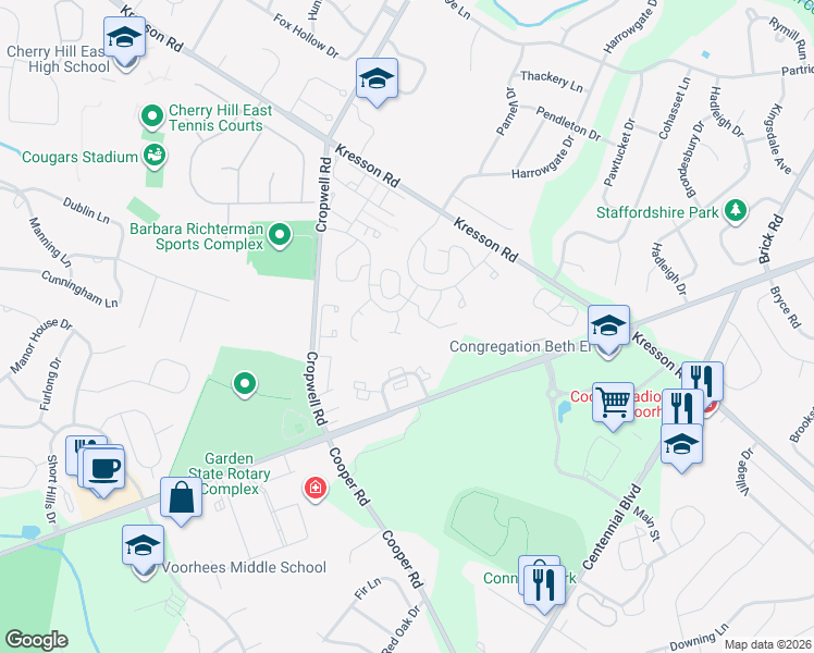 map of restaurants, bars, coffee shops, grocery stores, and more near 1701 Chanticleer in Cherry Hill