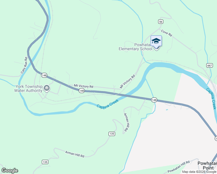 map of restaurants, bars, coffee shops, grocery stores, and more near 54381 Mount Victory Road in Powhatan Point